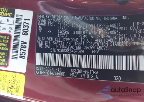 2014 Toyota Sienna Xle V6 8 Passenger z USA, uszkodzony, nr VIN 5TDYK3DC6ES467589